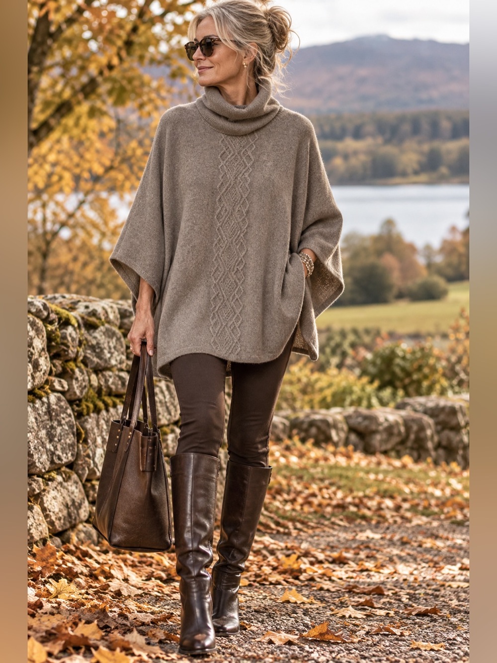 Garnet Hill 100% Cashmere Oversized Poncho Sweater Turtleneck Brown Grey S